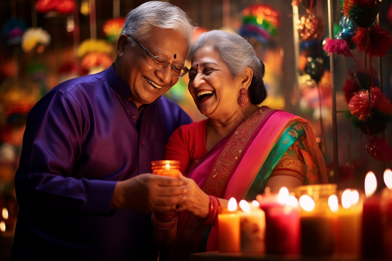 A picture of an old couple having a lot of fun celebrating diwali, family diwali celebration image