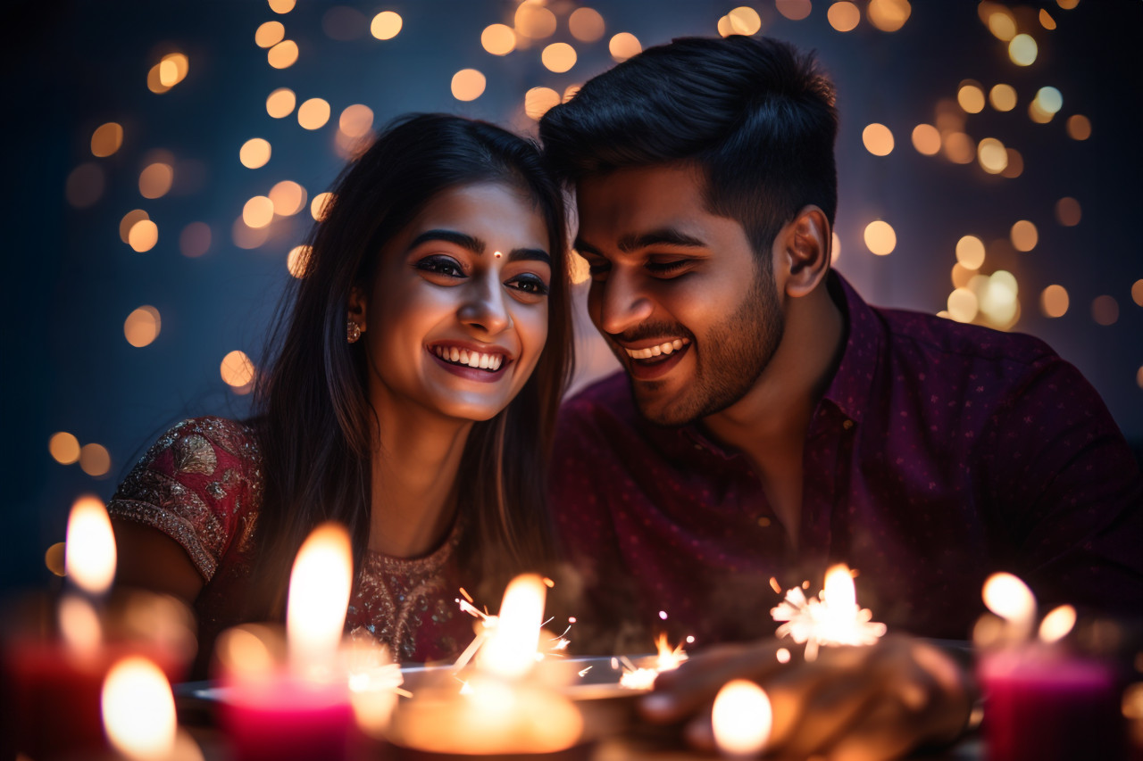 A picture of two young people having a lot of fun celebrating diwali, family diwali celebration image