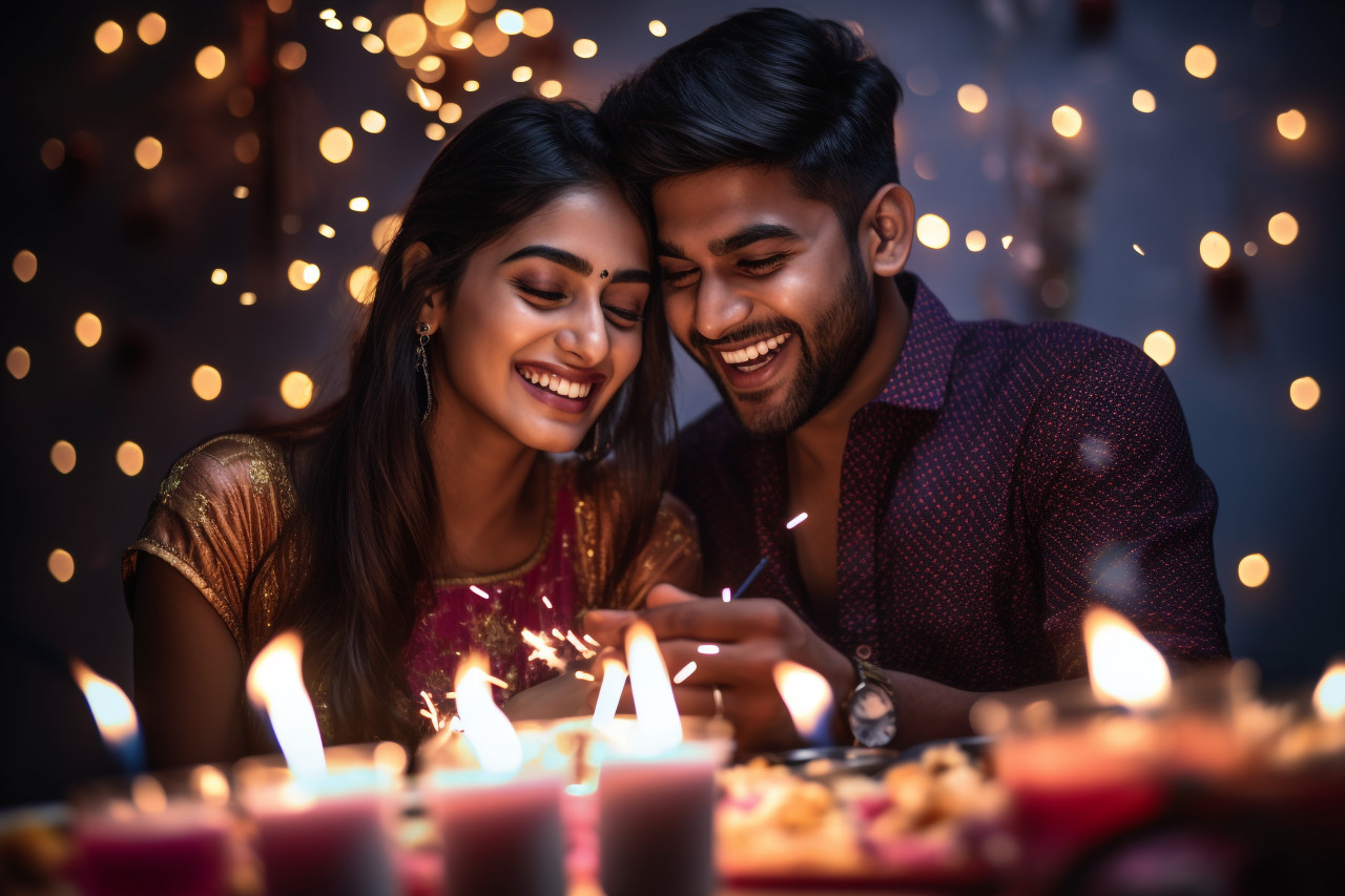 A picture of two young people having a lot of fun celebrating diwali, family diwali celebration image