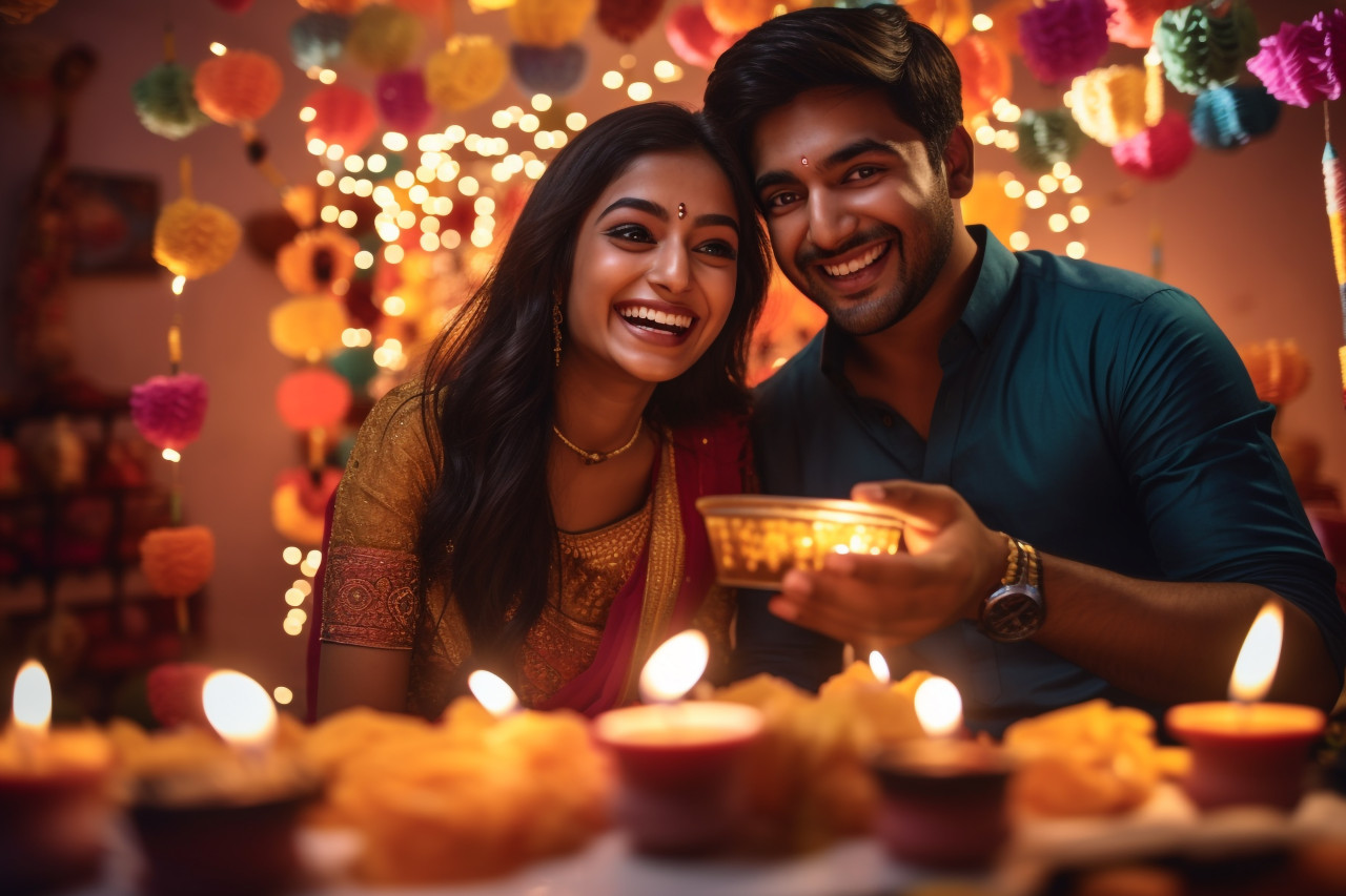 A picture of a happy young couple celebrating diwali, family diwali celebration image
