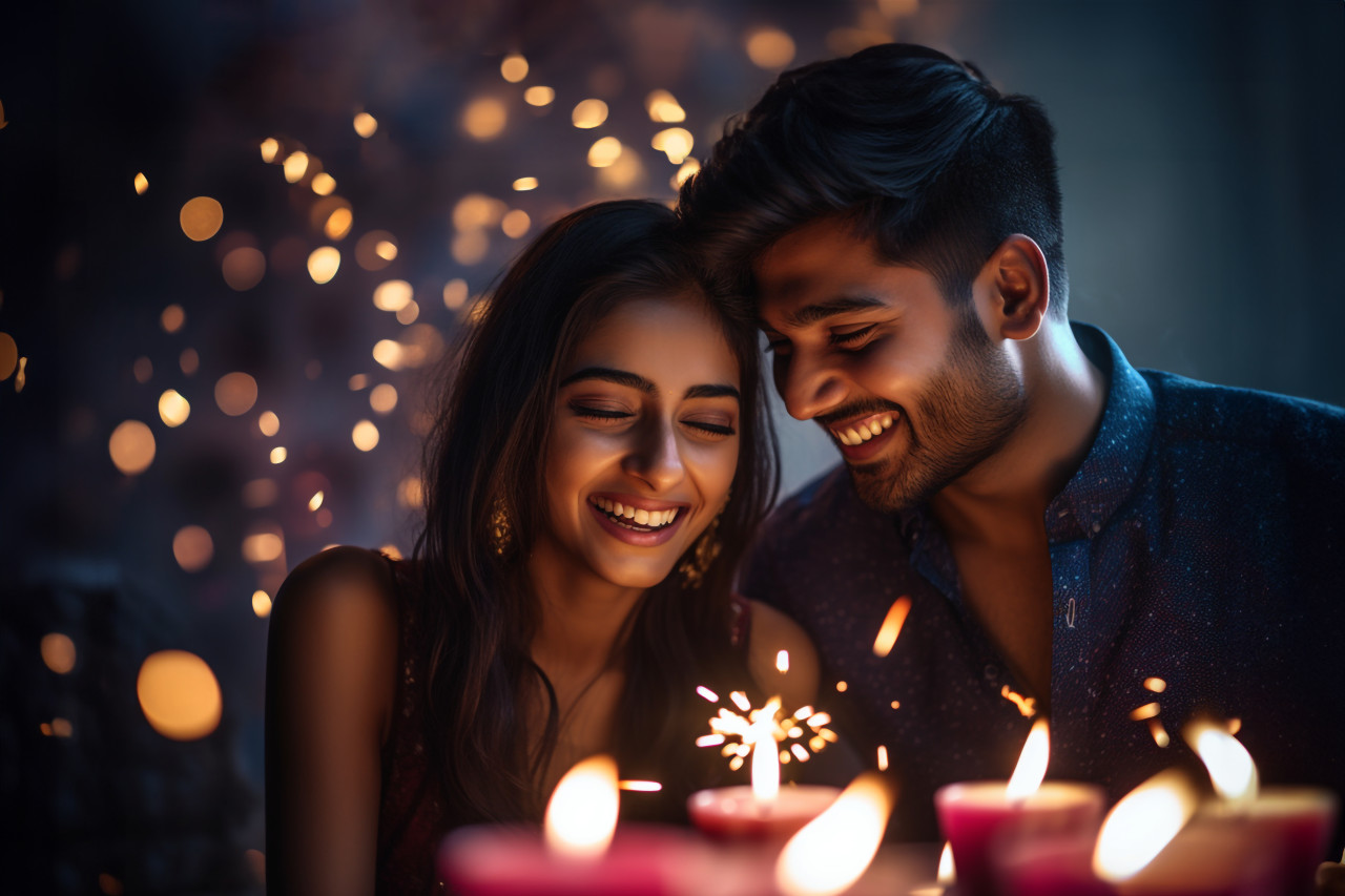 A picture of two young people having a lot of fun celebrating diwali, family diwali celebration image