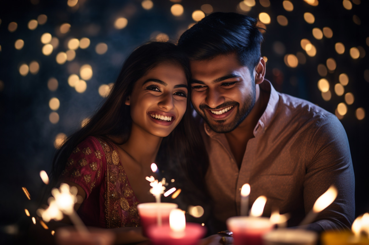 A picture of two young people having a lot of fun celebrating diwali, family diwali celebration image