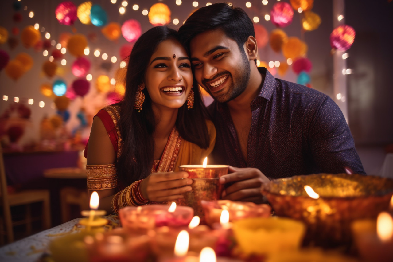 A picture of a happy young couple celebrating diwali, family diwali celebration image