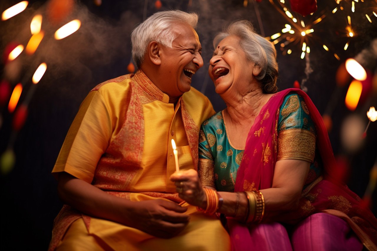A picture of an old couple having a lot of fun celebrating diwali, family diwali celebration image