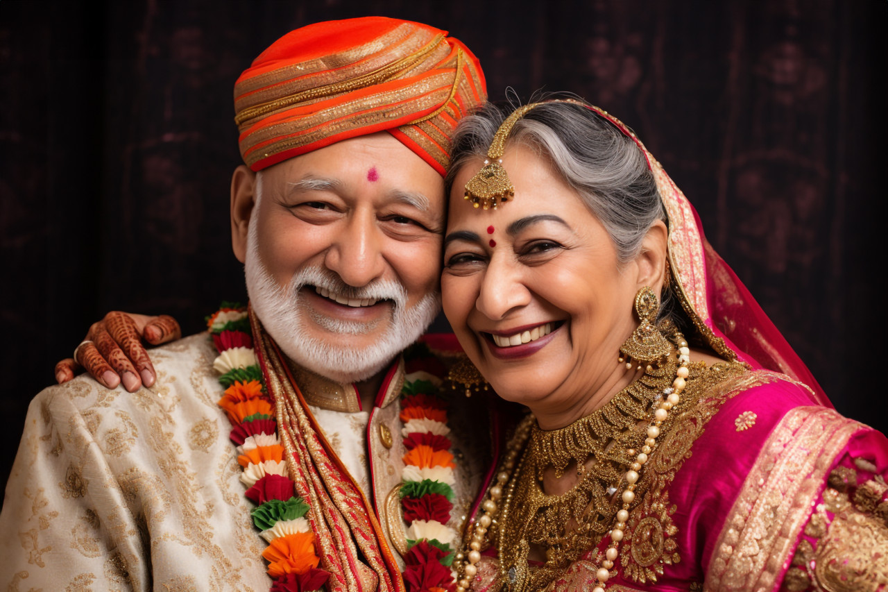 A picture of an old indian couple who are happy and wearing traditional clothes, family diwali celebration image