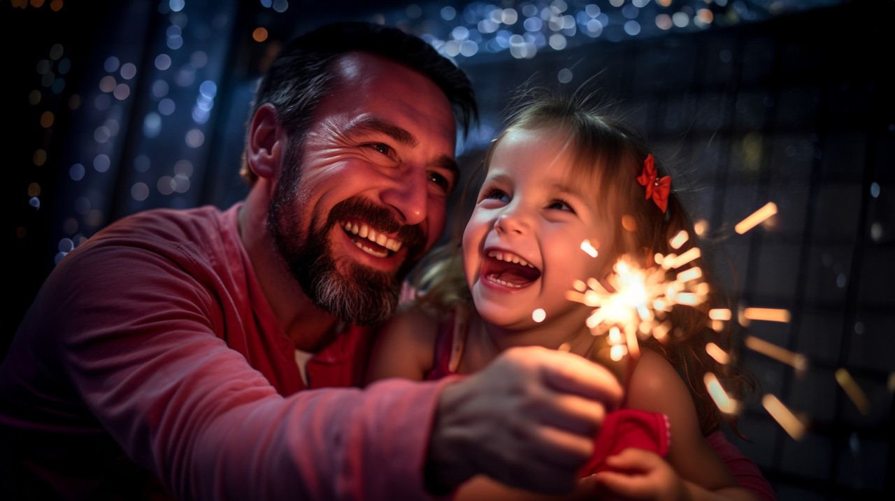 Dad and his little girl are holding a sparkler and having fun togethe, family diwali celebration image