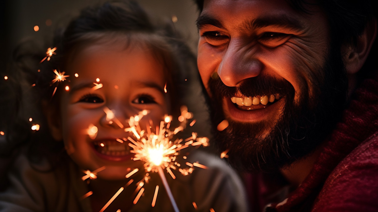 Dad and his little girl are holding a sparkler and having fun togethe, family diwali celebration image
