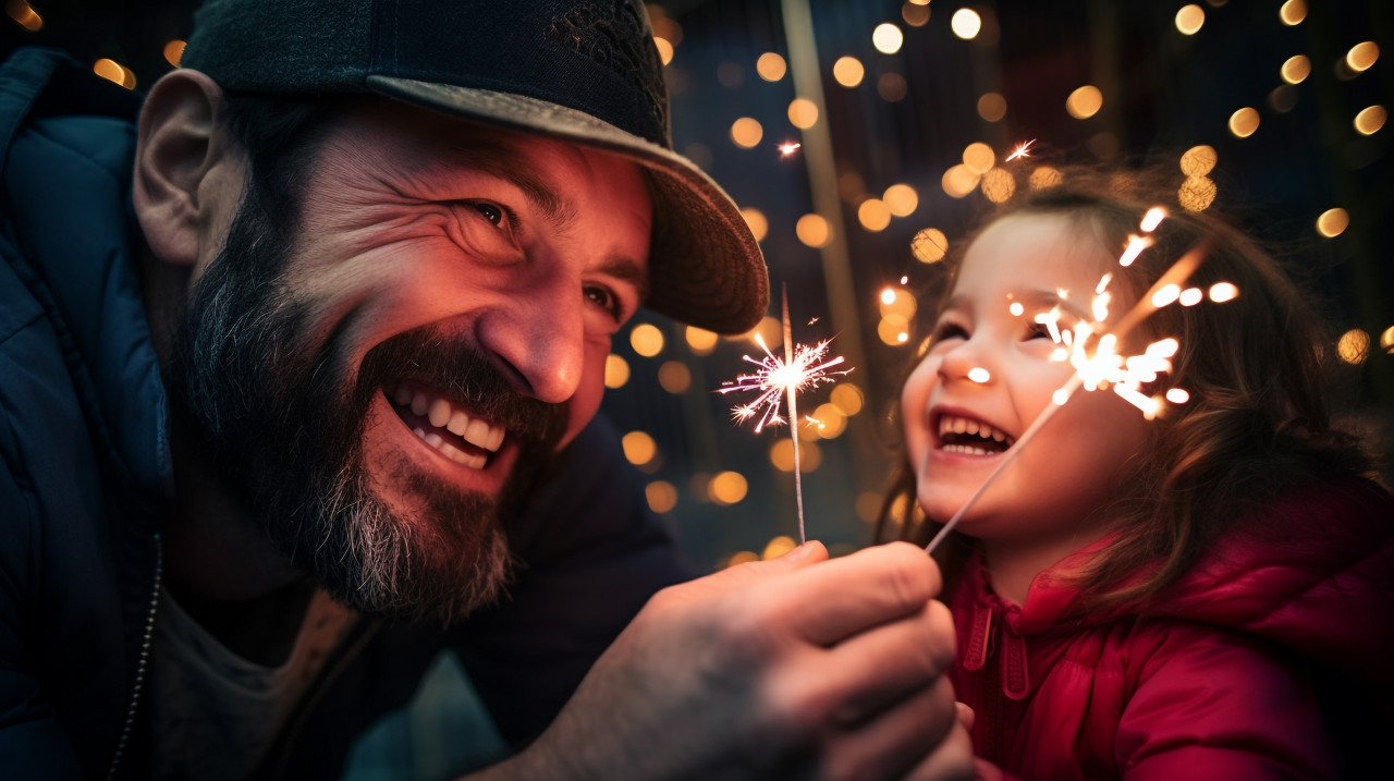 Dad and his little girl are holding a sparkler and having fun togethe, family diwali celebration image