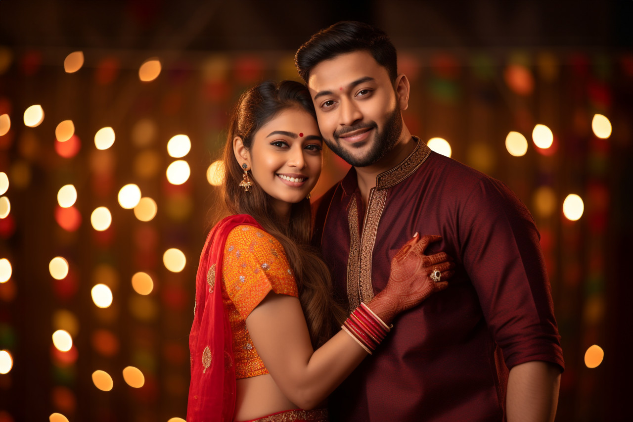 A photo of a happy indian couple in traditional clothing hugging and looking at the camera while celebrating diwali at home, family diwali celebration image