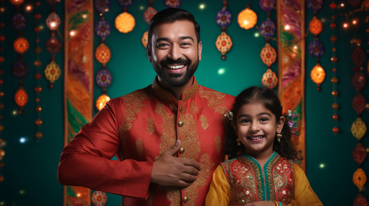 A father and daughter stand in front of a background decorated for diwali, family diwali celebration image