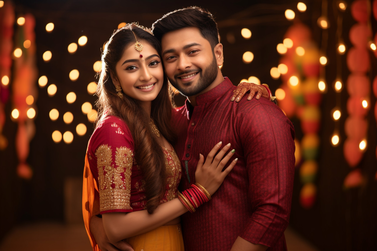 A photo of a happy indian couple in traditional clothing hugging and looking at the camera while celebrating diwali at home, family diwali celebration image