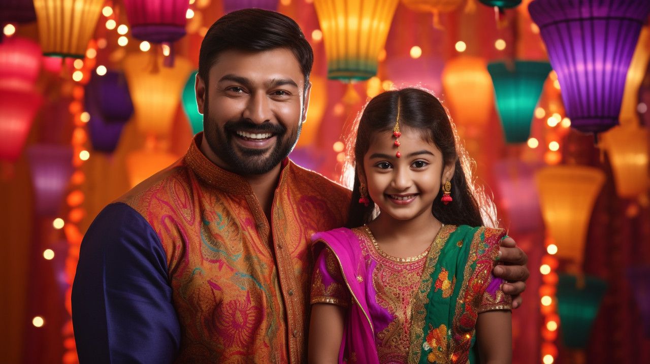 A father and daughter stand in front of a background decorated for diwali, family diwali celebration image