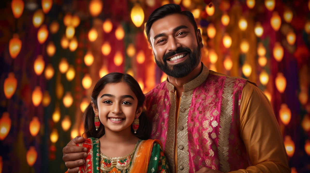 A father and daughter stand in front of a background decorated for diwali, family diwali celebration image