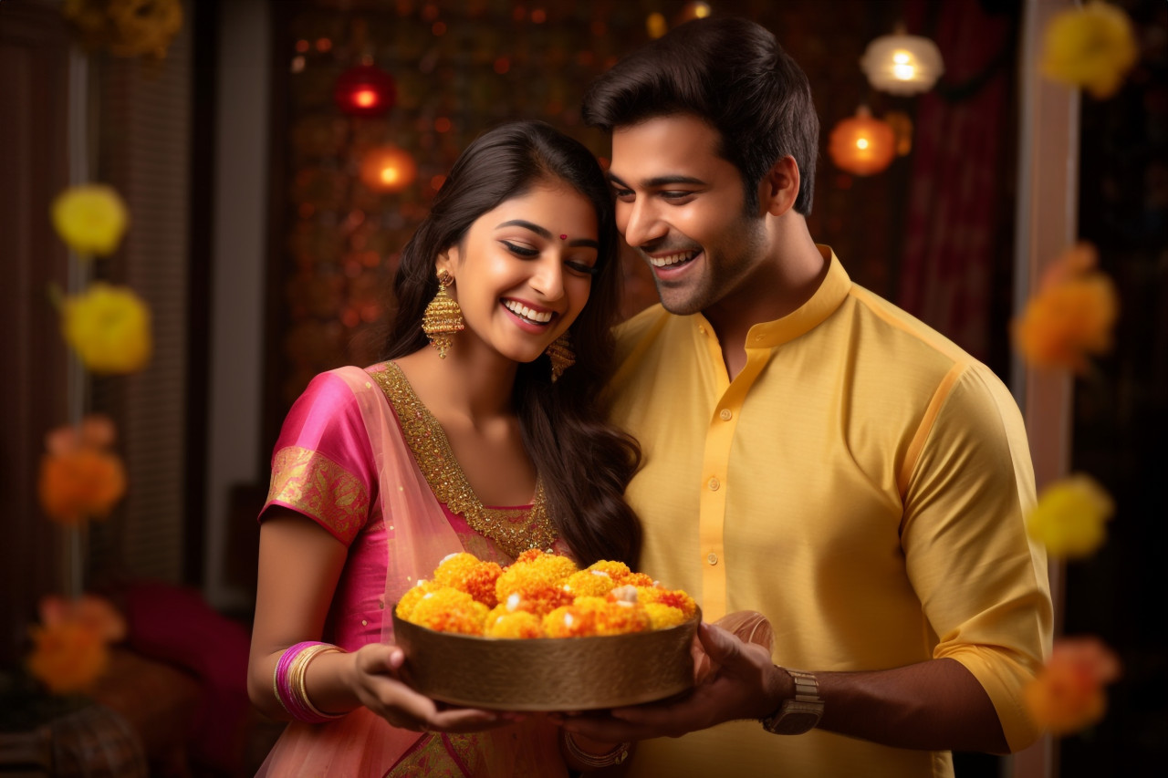 A photo of a beautiful indian couple in traditional clothes celebrating diwali, a birthday, family diwali celebration image
