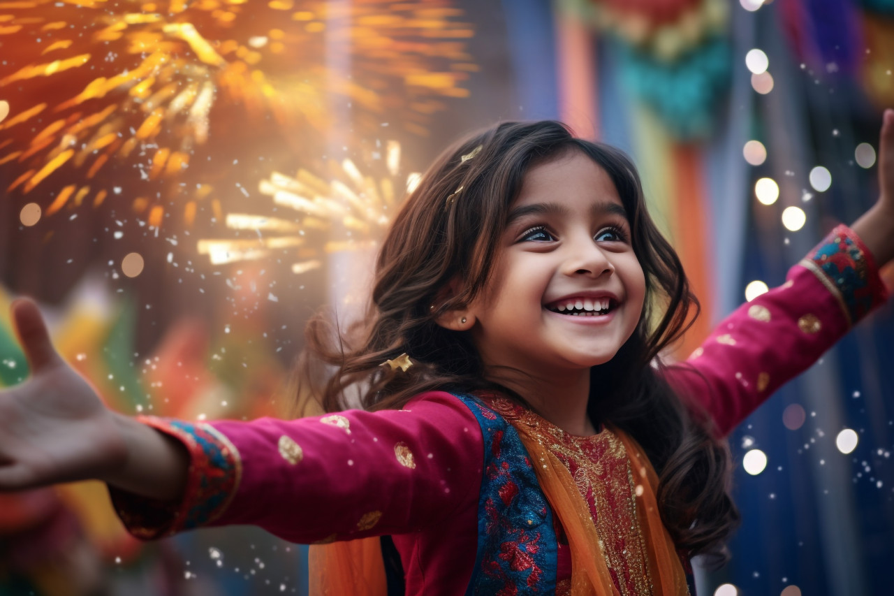 A photo of kids having fun at the diwali festival, family diwali celebration image