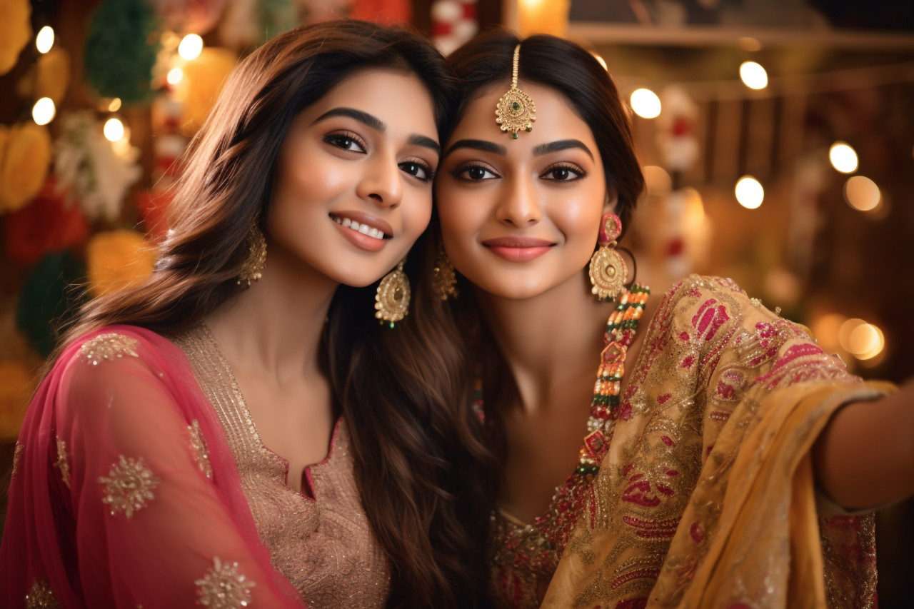 Two beautiful indian women in traditional clothes taking a selfie for diwali or another festival, family diwali celebration image
