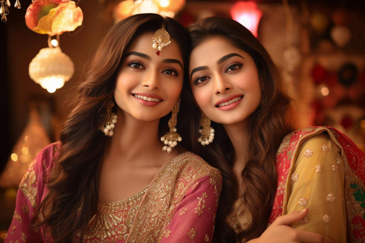 Two beautiful indian women in traditional clothes taking a selfie for diwali or another festival, family diwali celebration image