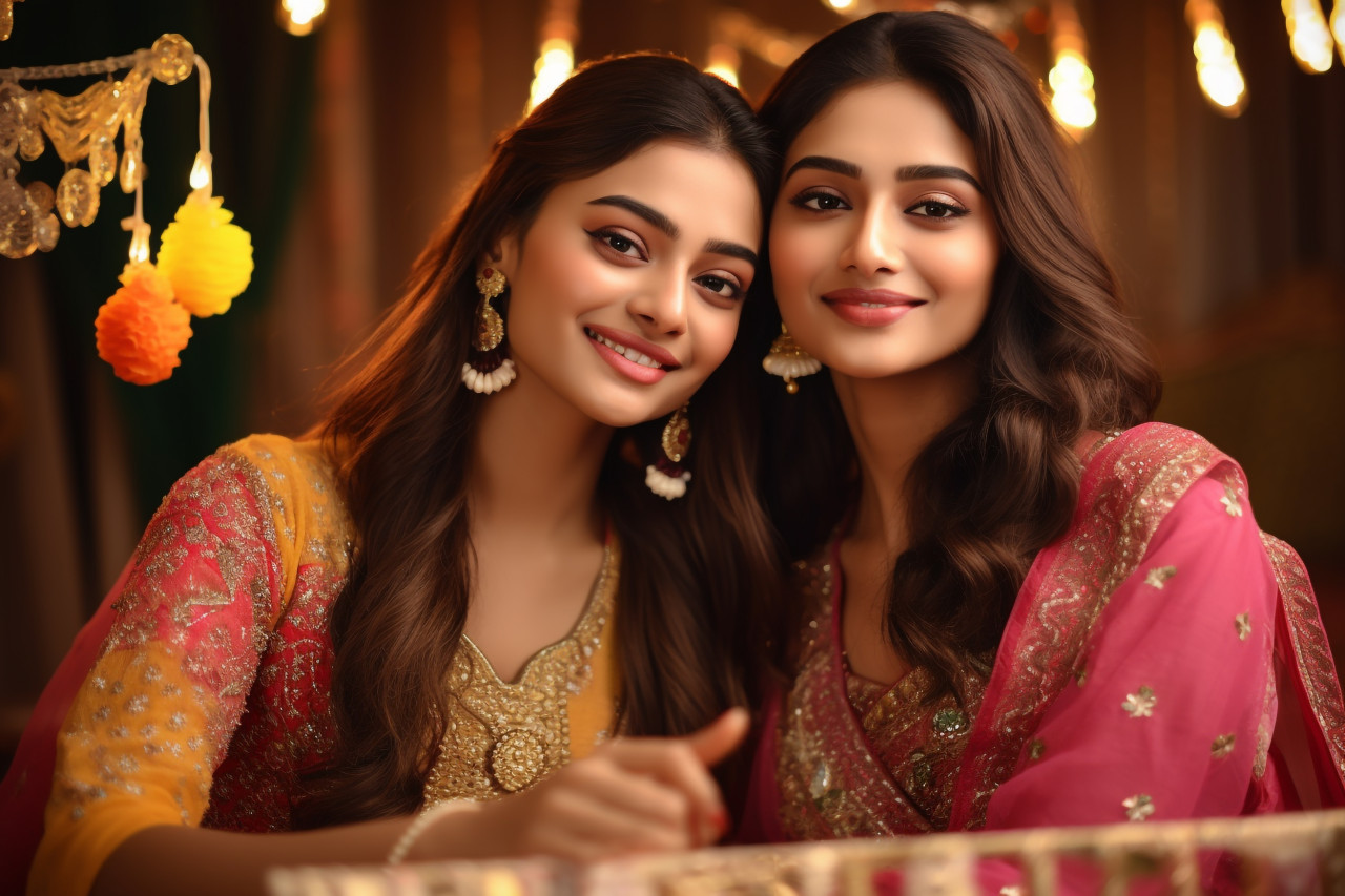 Two beautiful indian women in traditional clothes taking a selfie for diwali or another festival, family diwali celebration image