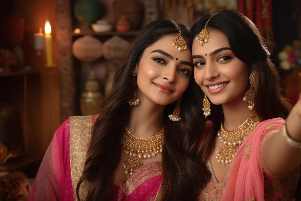 Two beautiful indian women in traditional clothes taking a selfie for diwali or another festival, family diwali celebration image
