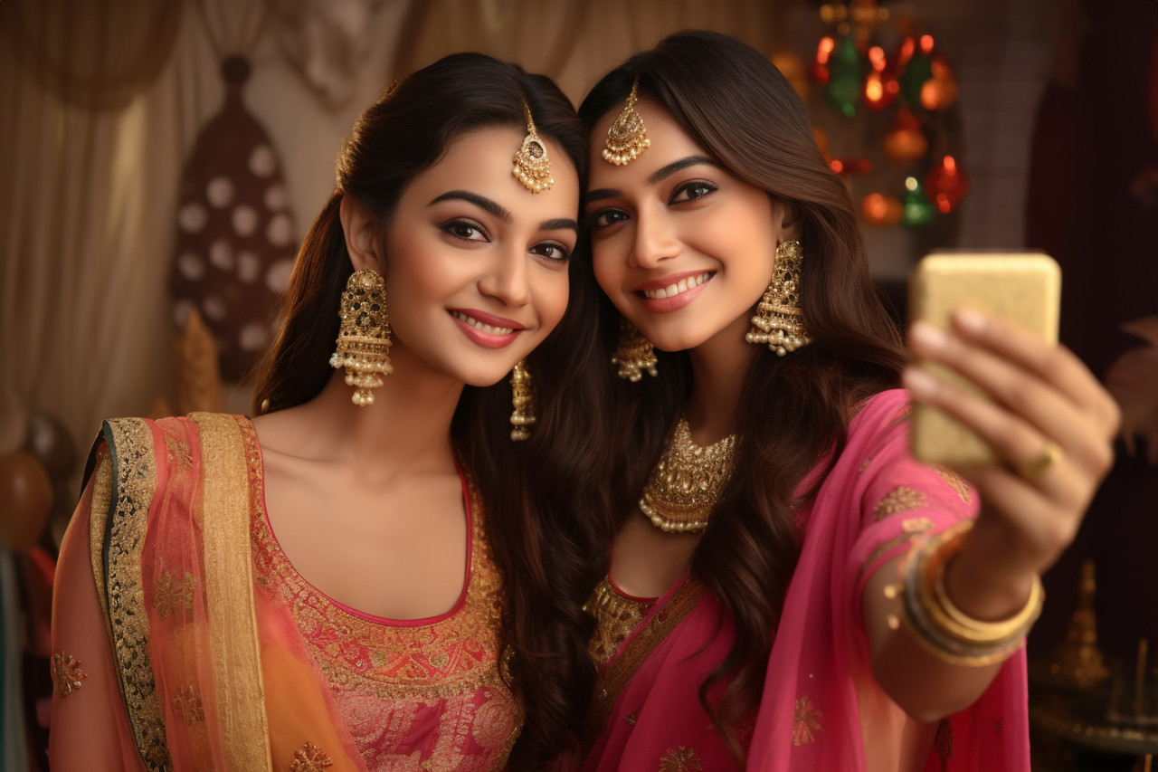 Two beautiful indian women in traditional clothes taking a selfie for diwali or another festival, family diwali celebration image