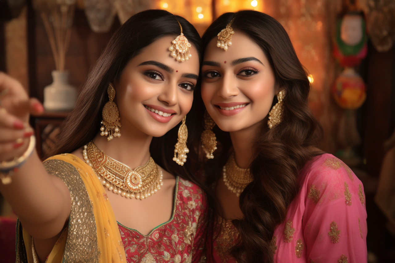 Two beautiful indian women in traditional clothes taking a selfie for diwali or another festival, family diwali celebration image