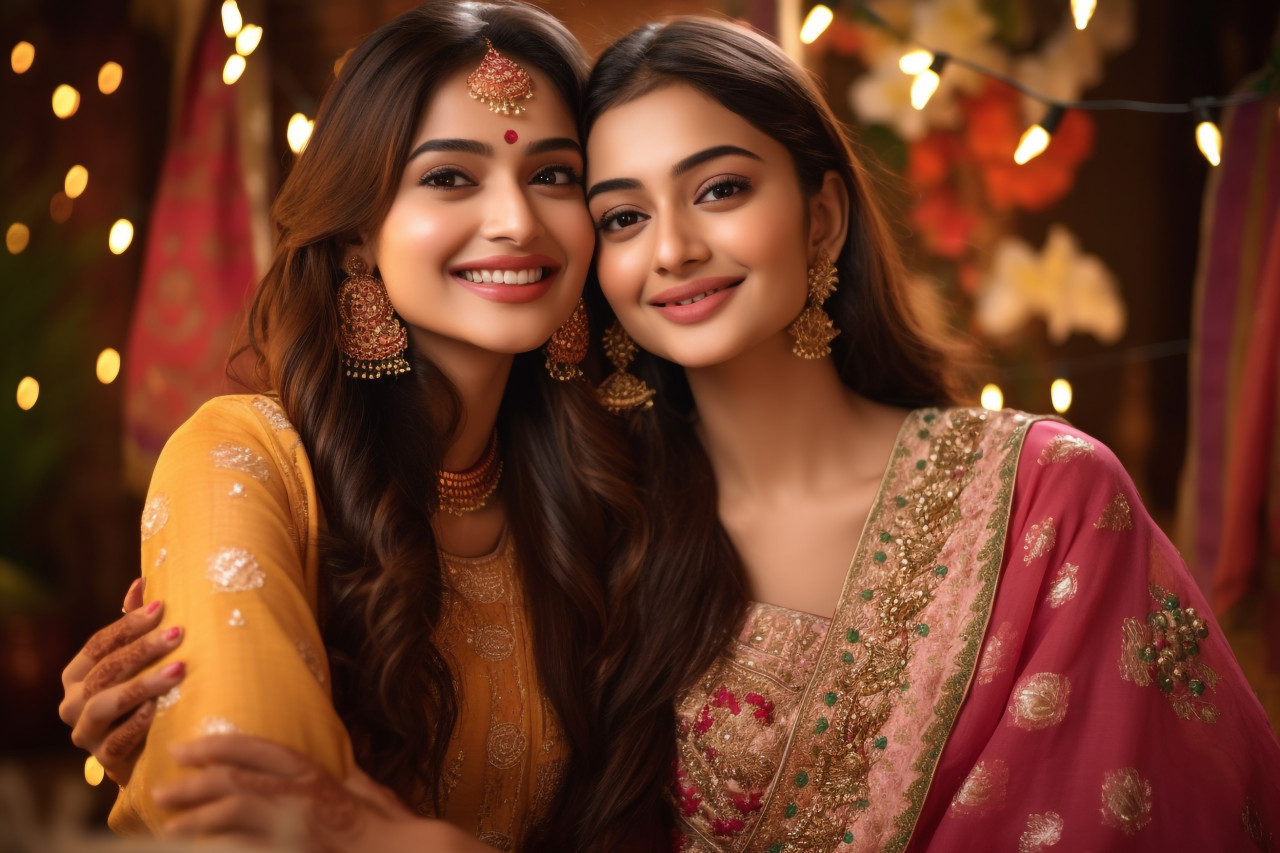 Two beautiful indian women in traditional clothes taking a selfie for diwali or another festival, family diwali celebration image