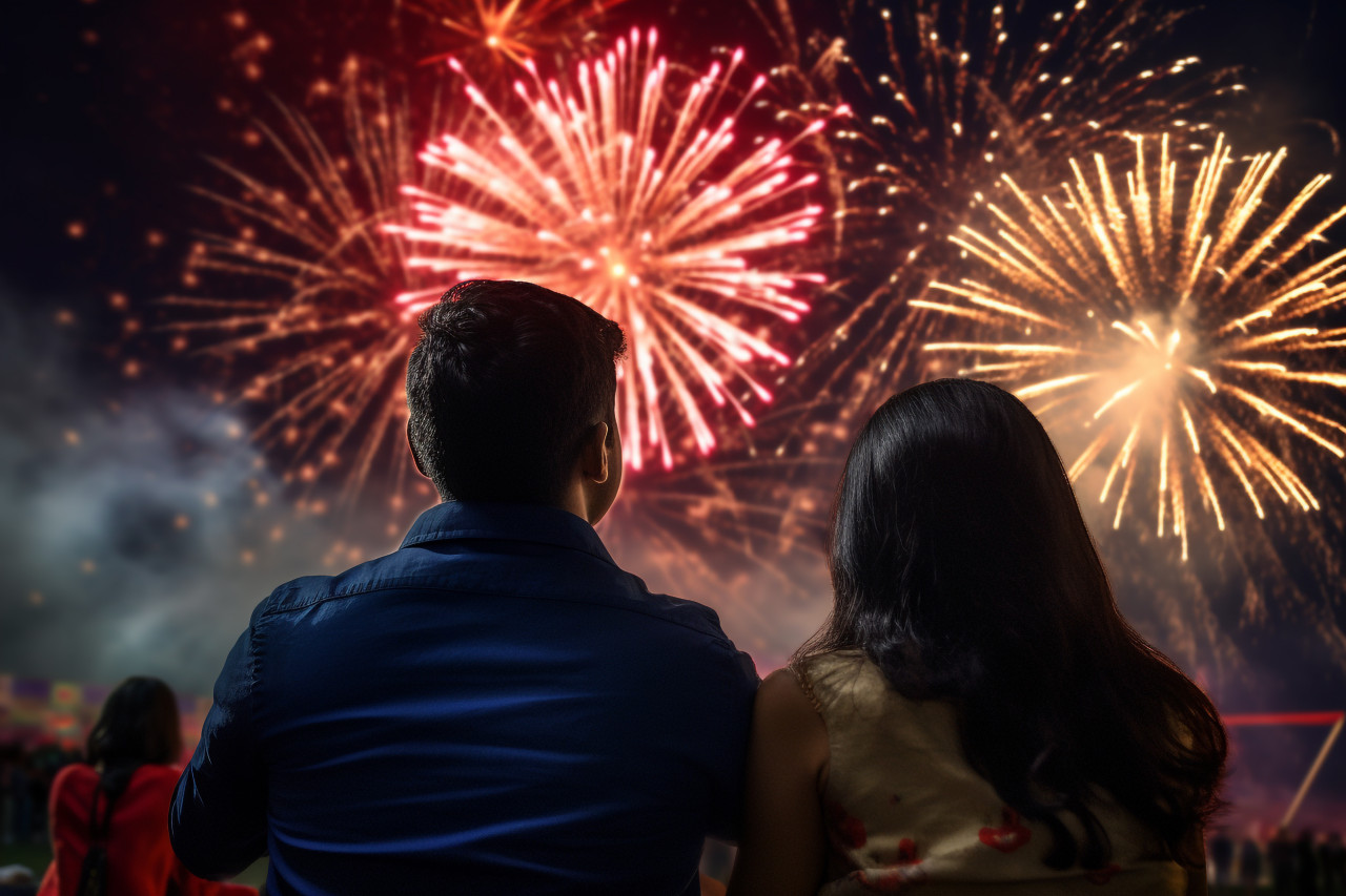 A picture of people watching fireworks and celebrating the indian festival of diwali, family diwali celebration image