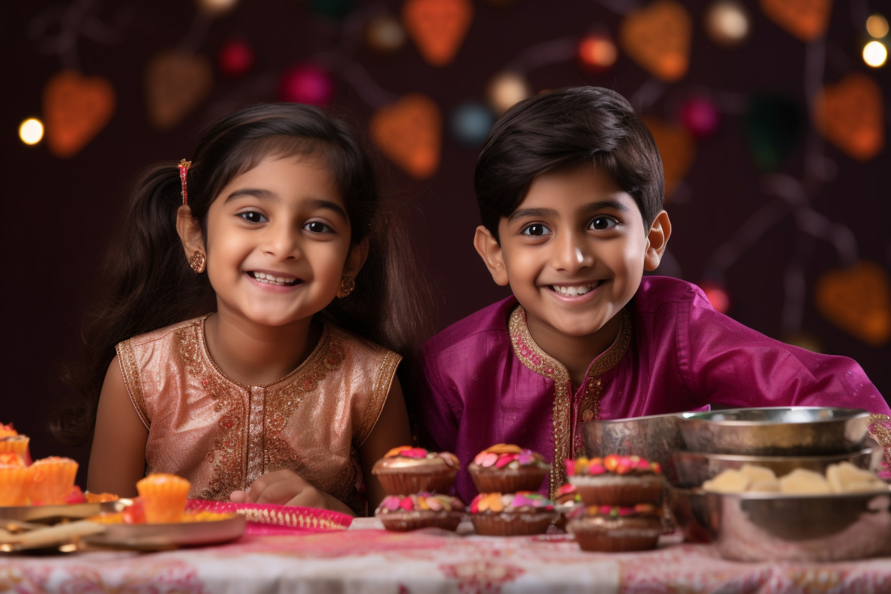 A picture of young brother and sister celebrating the indian festival of bhai dooj or diwali, family diwali celebration image