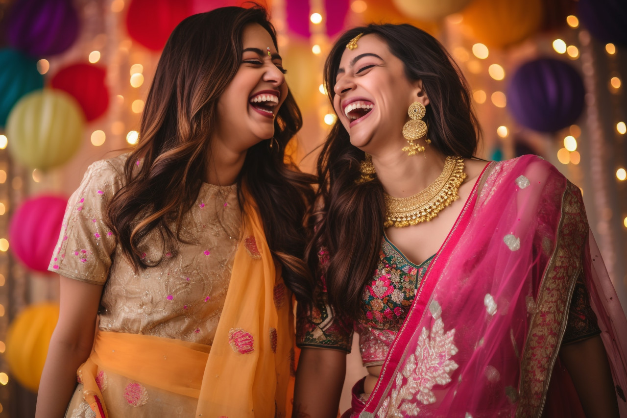 A photo of two beautiful indian women in festive clothing laughing together, with a blurred background, family diwali celebration image
