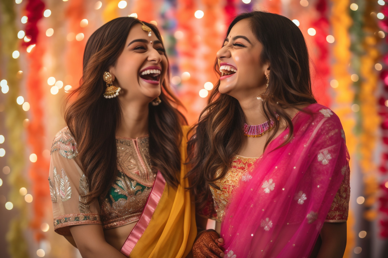 A photo of two beautiful indian women in festive clothing laughing together, with a blurred background, family diwali celebration image