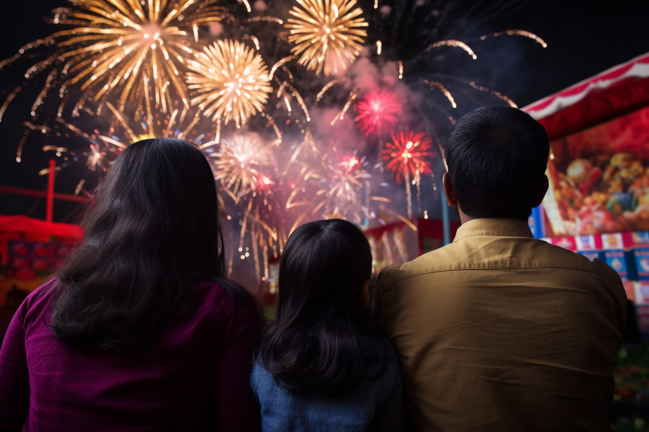 A picture of people watching fireworks and celebrating the indian festival of diwali, family diwali celebration image
