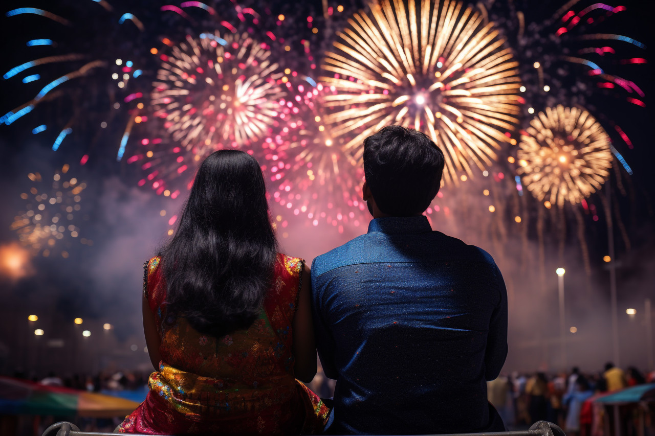 A picture of people watching fireworks and celebrating the indian festival of diwali, family diwali celebration image