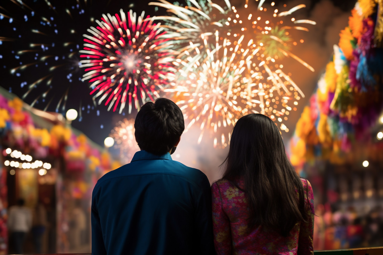 A picture of people watching fireworks and celebrating the indian festival of diwali, family diwali celebration image