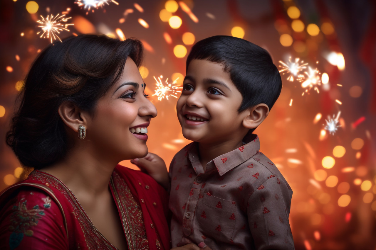 A picture of an indian mom and her son celebrating the festival of diwali, family diwali celebration image