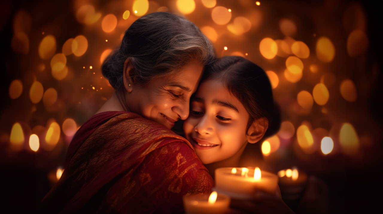 A mom and her daughter are hugging each other very closely, family diwali celebration image