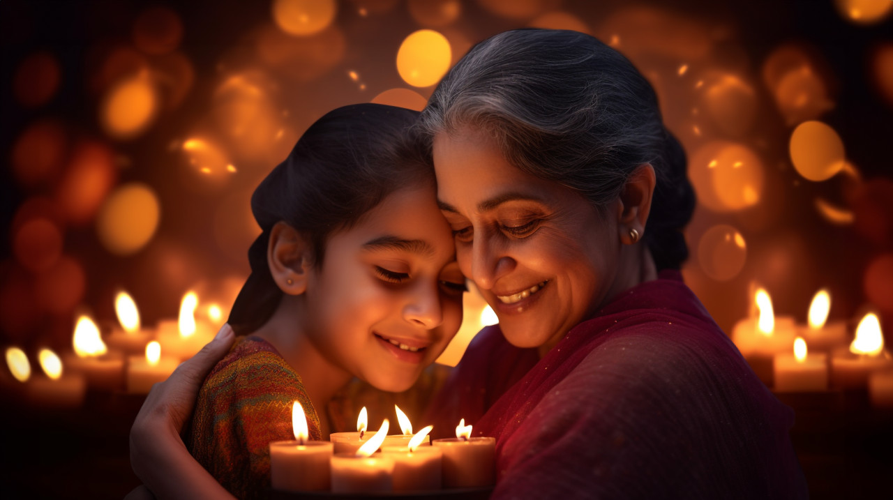 A mom and her daughter are hugging each other very closely, family diwali celebration image