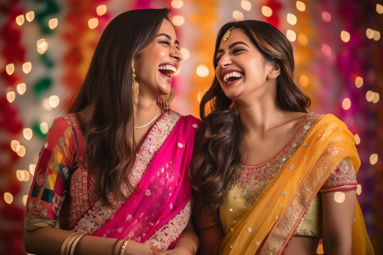 A photo of two beautiful indian women in festive clothing laughing together, with a blurred background, family diwali celebration image