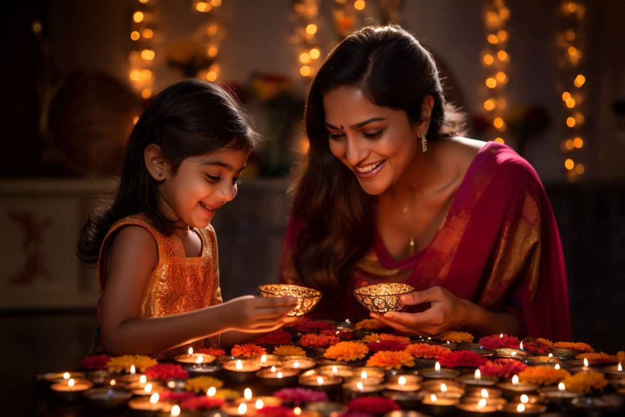 A picture of a mother and daughter lighting oil lamps together on diwali, family diwali celebration image