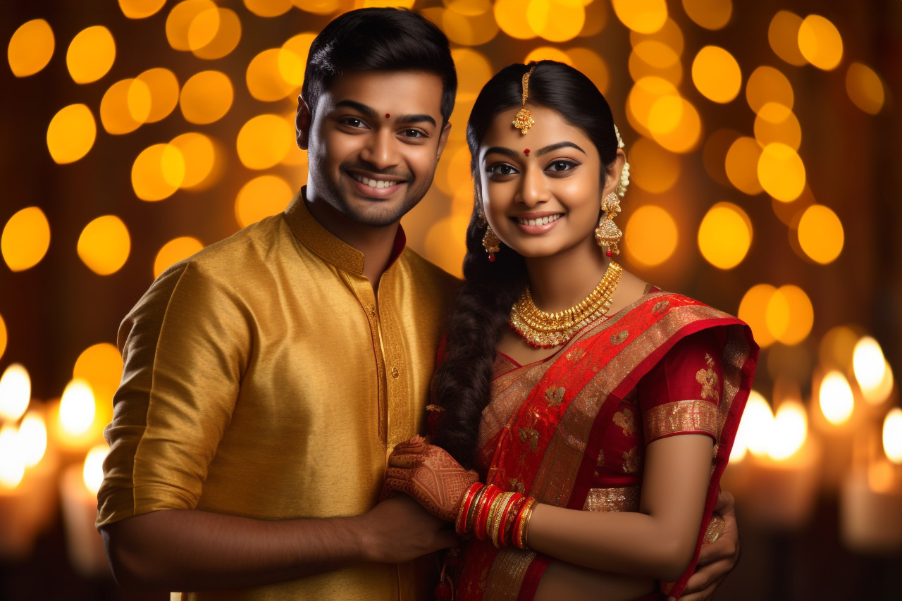 A photo of a happy young indian couple in traditional clothes celebrating diwali in front of a dark background, family diwali celebration image