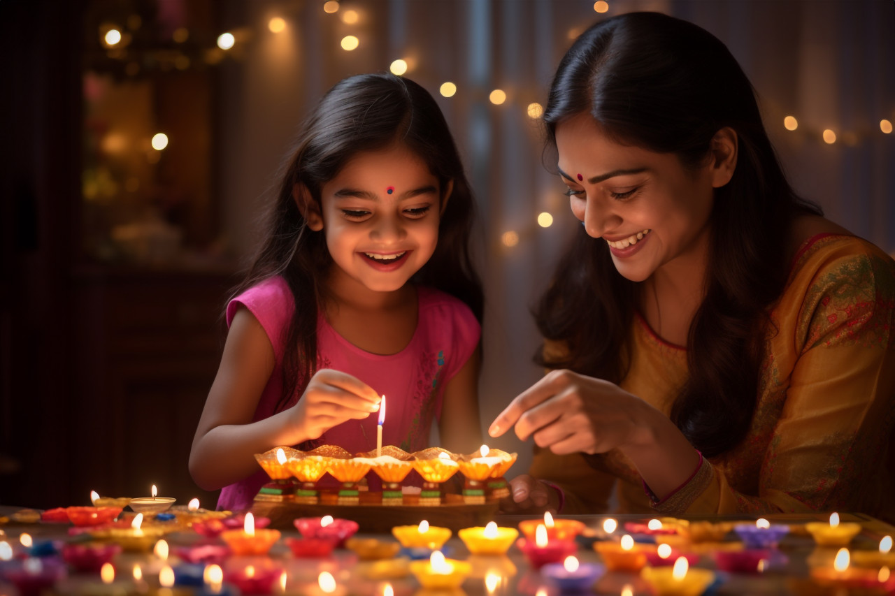 A picture of a mother and daughter lighting oil lamps together on diwali, family diwali celebration image