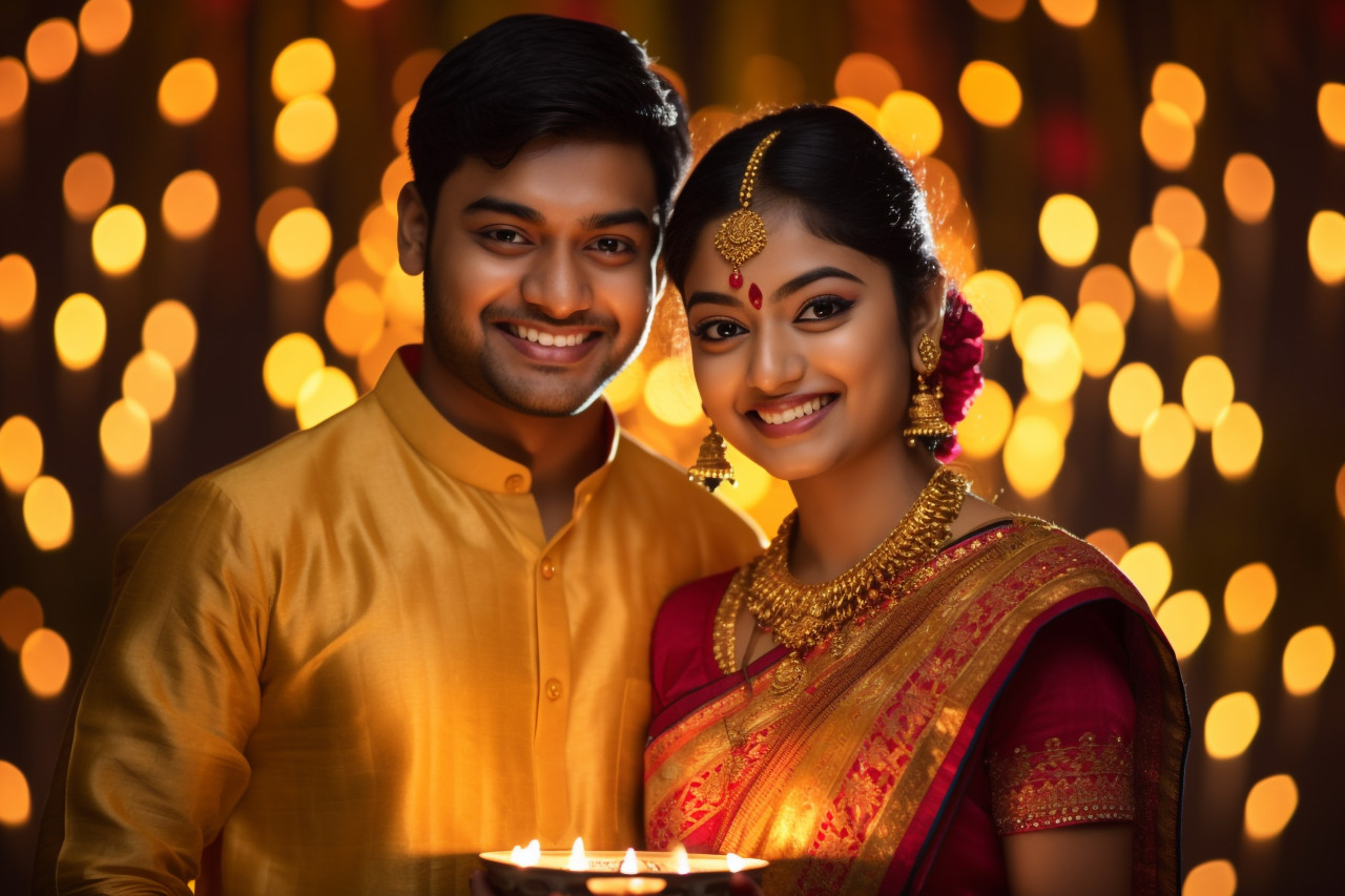 A photo of a happy young indian couple in traditional clothes celebrating diwali in front of a dark background, family diwali celebration image