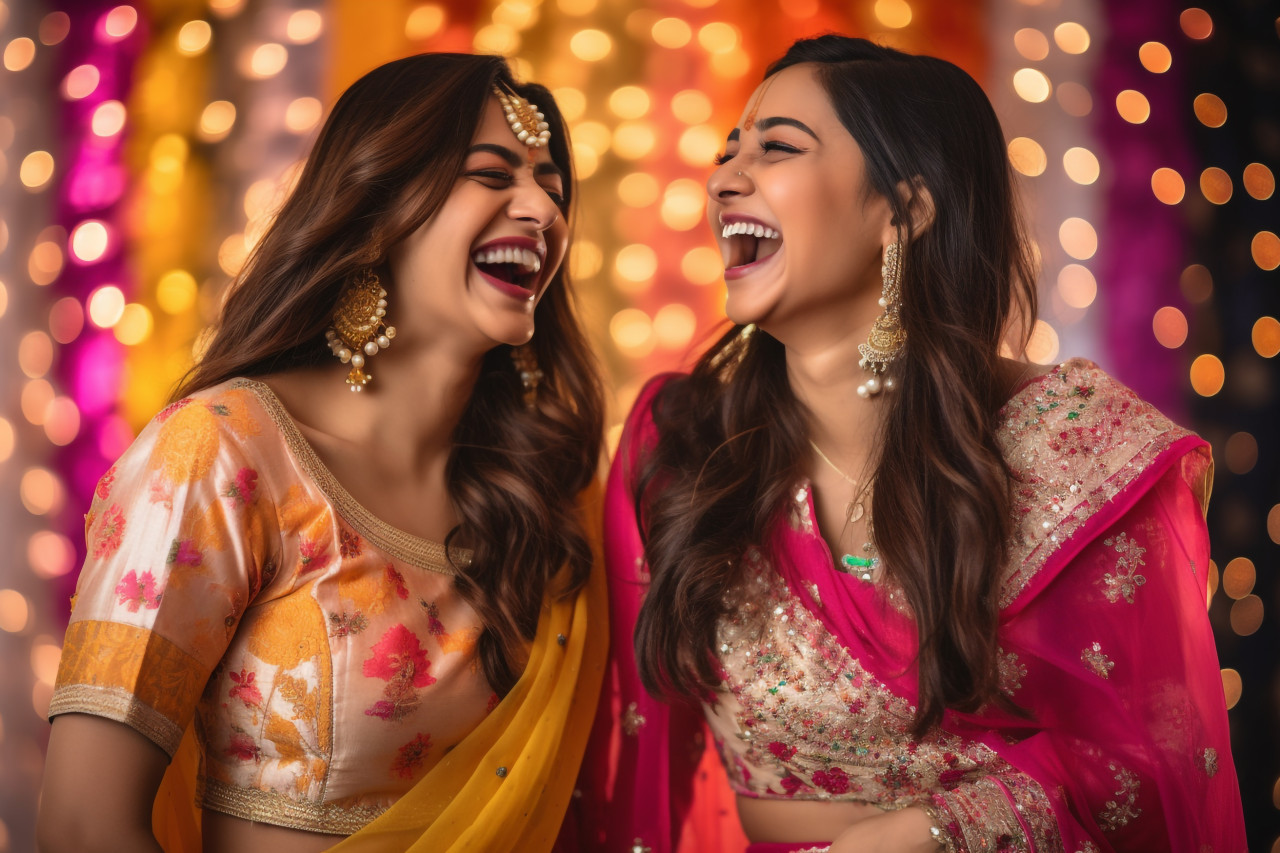 A photo of two beautiful indian women in festive clothing laughing together, with a blurred background, family diwali celebration image