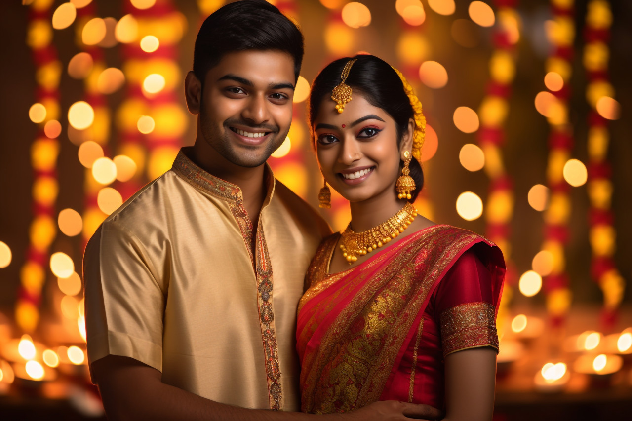 A photo of a happy young indian couple in traditional clothes celebrating diwali in front of a dark background, family diwali celebration image