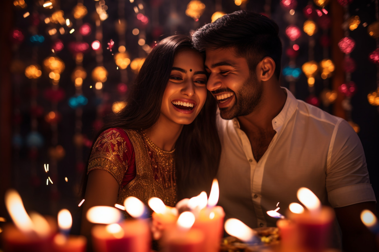 A picture of two young people who are happy and celebrating the indian festival of diwali, family diwali celebration image