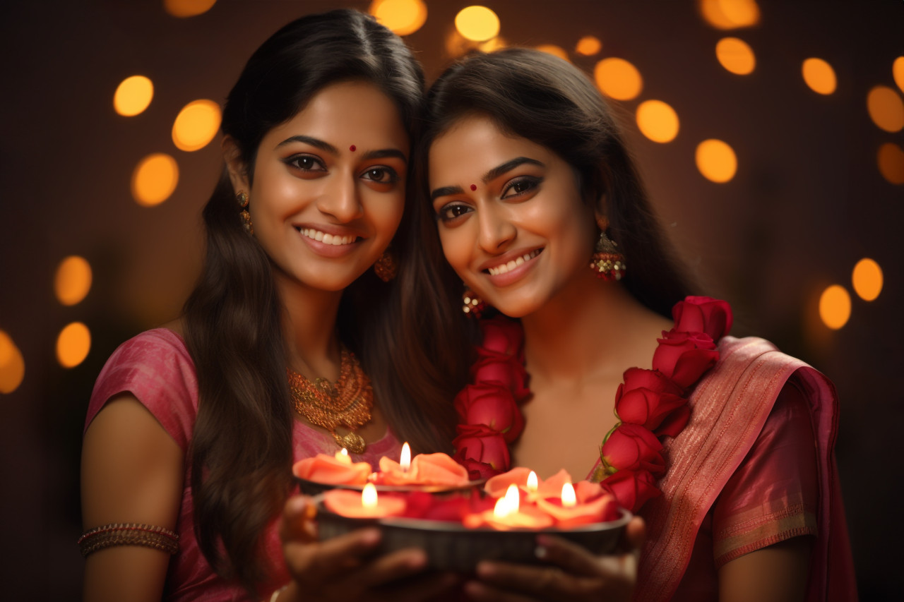 Picture of two smiling sisters with lamps and rose petals on diwali, family diwali celebration image