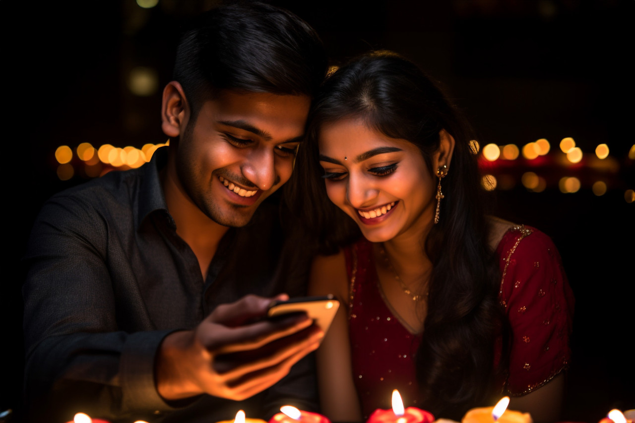 Photo of a young indian couple taking a selfie with their smartphone during diwali, family diwali celebration image