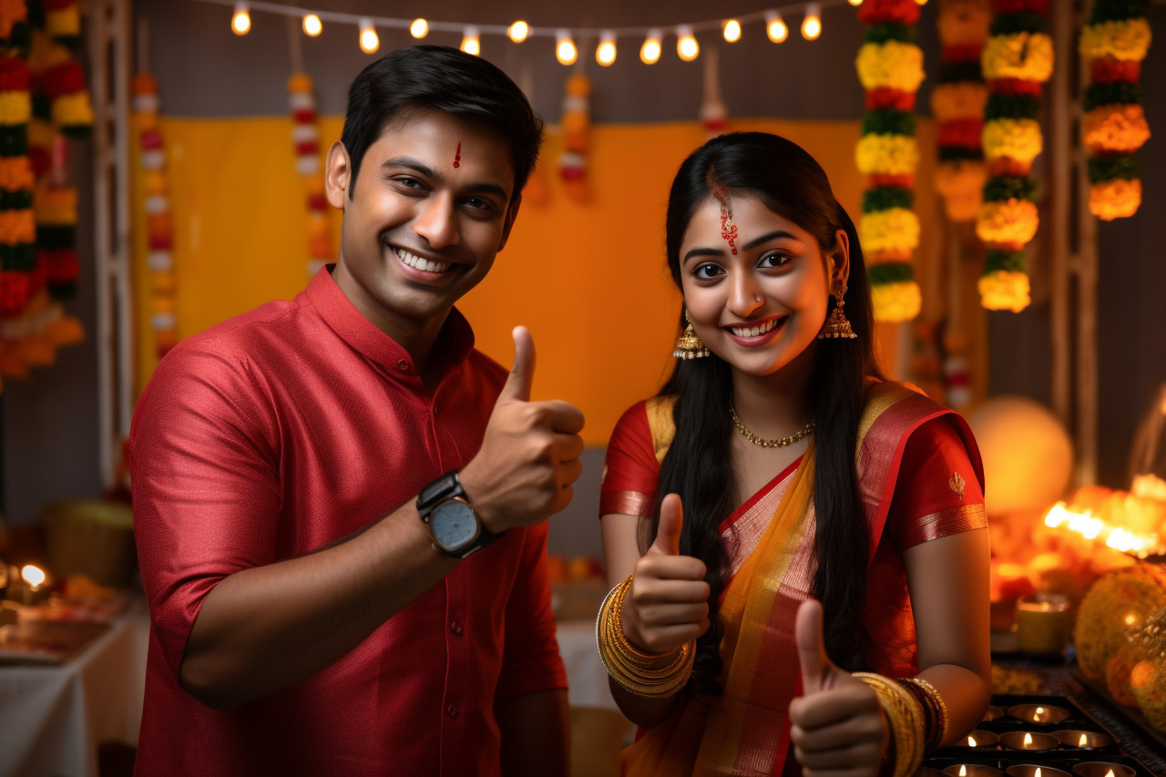 A photo of a young indian couple shopping online for diwali and giving a thumbs up sign, family diwali celebration image