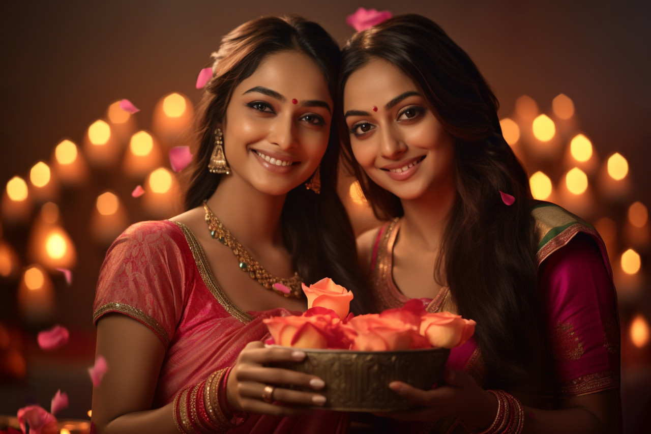 Picture of two smiling sisters with lamps and rose petals on diwali, family diwali celebration image