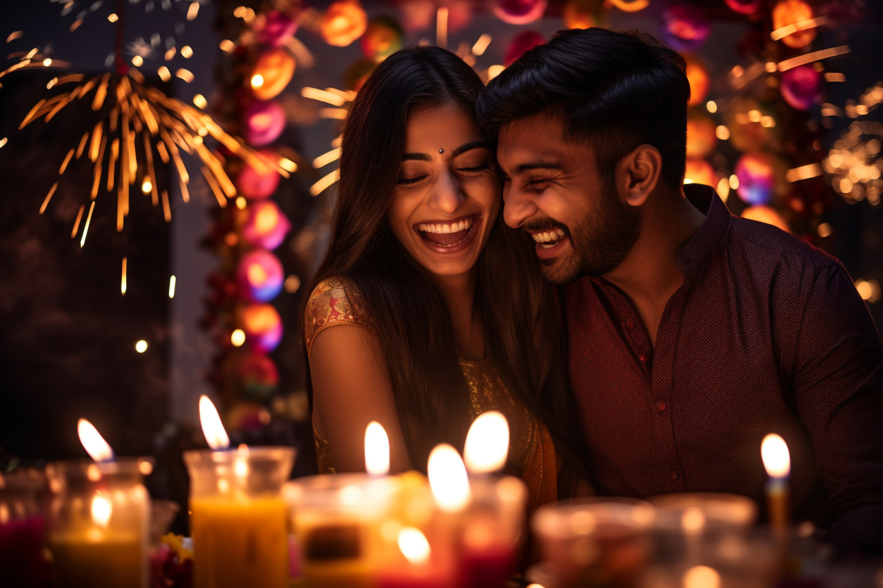 A picture of two young people who are happy and celebrating the indian festival of diwali, family diwali celebration image