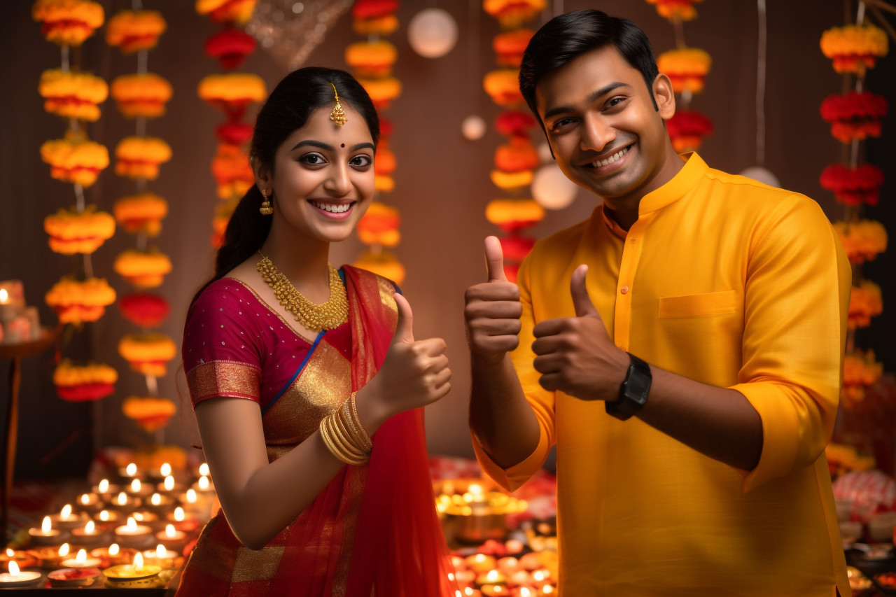 A photo of a young indian couple shopping online for diwali and giving a thumbs up sign, family diwali celebration image